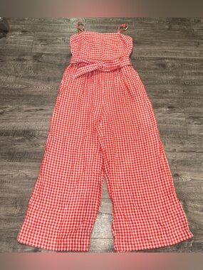 J.Crew Red Gingham Linen Wide Leg Jumpsuit Size 00 Adjustable Straps Summer